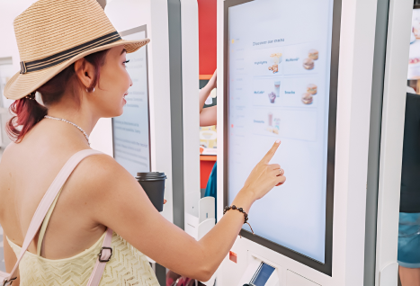 A woman using self ordering kiosk machine