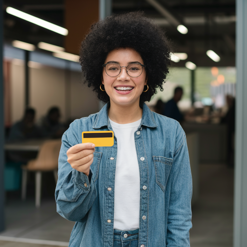 A lady showing card using instant card printing kiosk machine