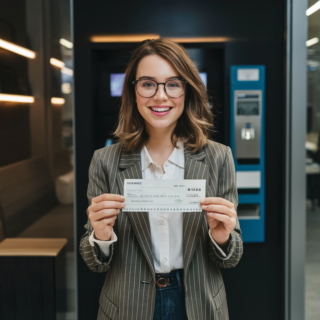 A lady showing cheque after using instant cheque printing kiosk