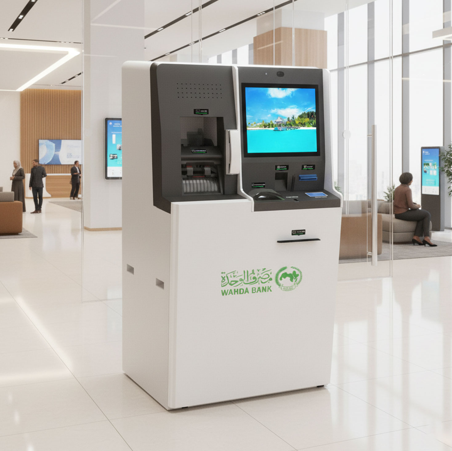 Smart bank kiosk machine offering 24/7 banking services.