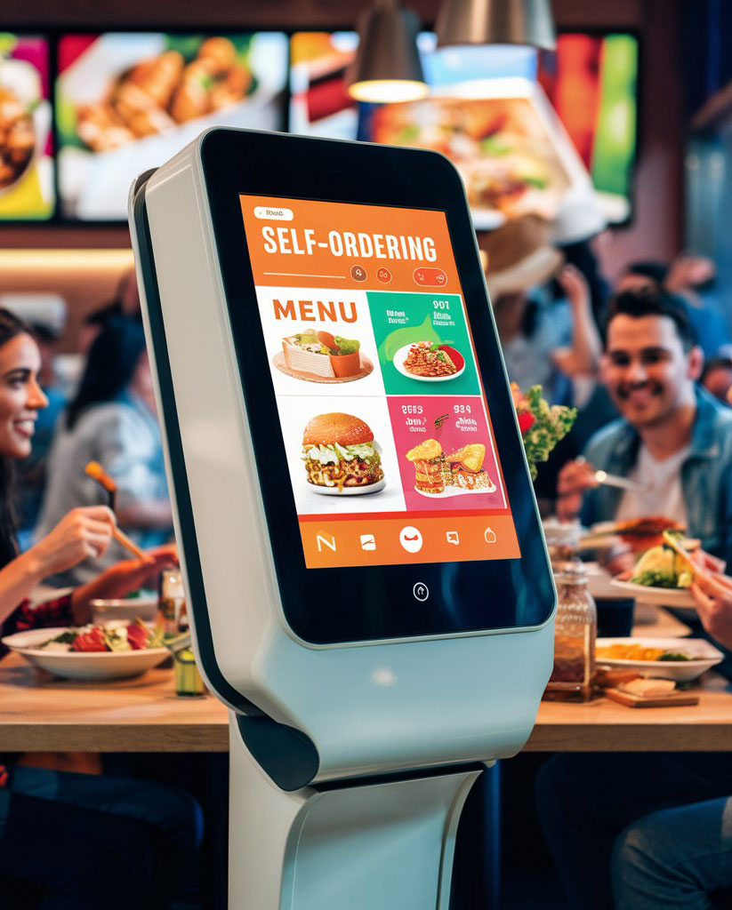 Queue management kiosk machine displaying live wait times